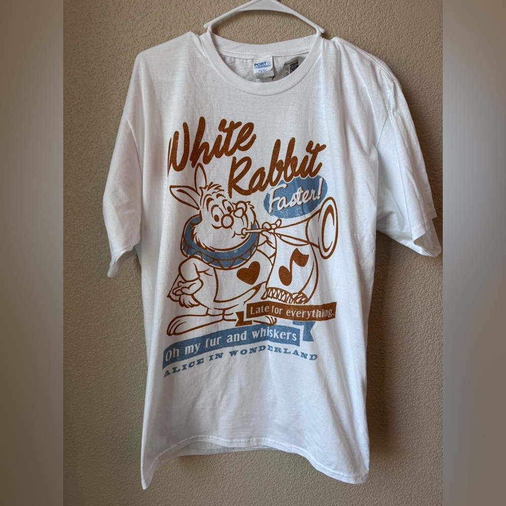 Alice in Wonderland White Rabbit Graphic Tee XL White Port & Company Shirt